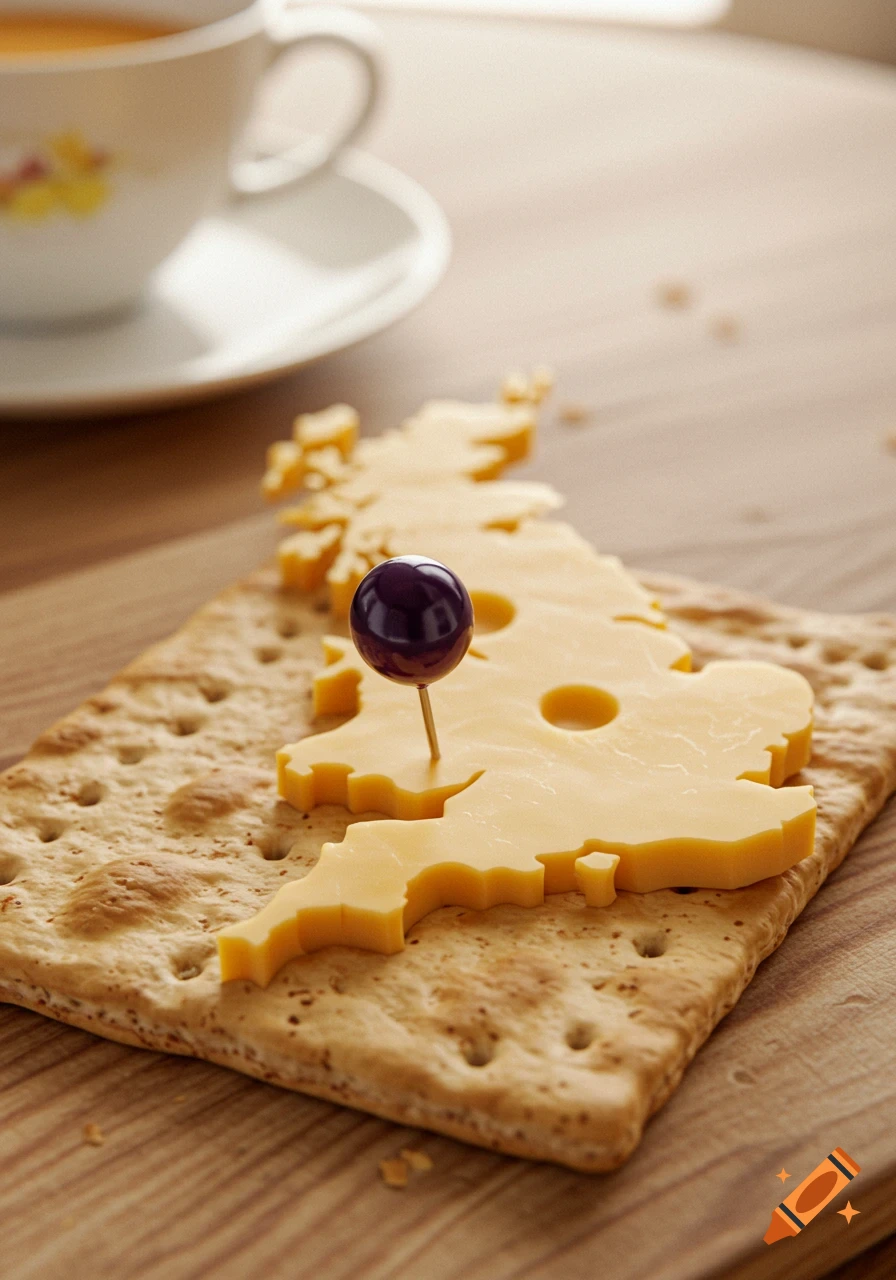 A slice of cheese shaped like the UK map rests on a large cracker, with a dark spherical pin. A blurred teacup is in the background.