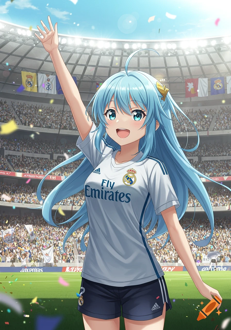 An anime girl with blue hair and blue eyes, smiling and waving, wearing a white Real Madrid soccer jersey and dark shorts in a crowded stadium.