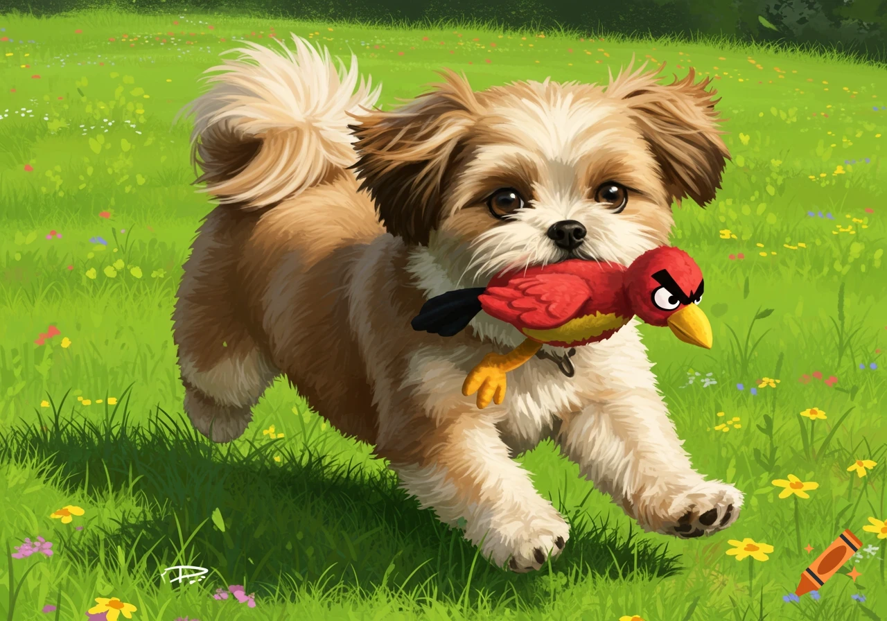 An illustrated Shih Tzu dog running through a grassy field, holding a red Angry Bird soft toy in its mouth.