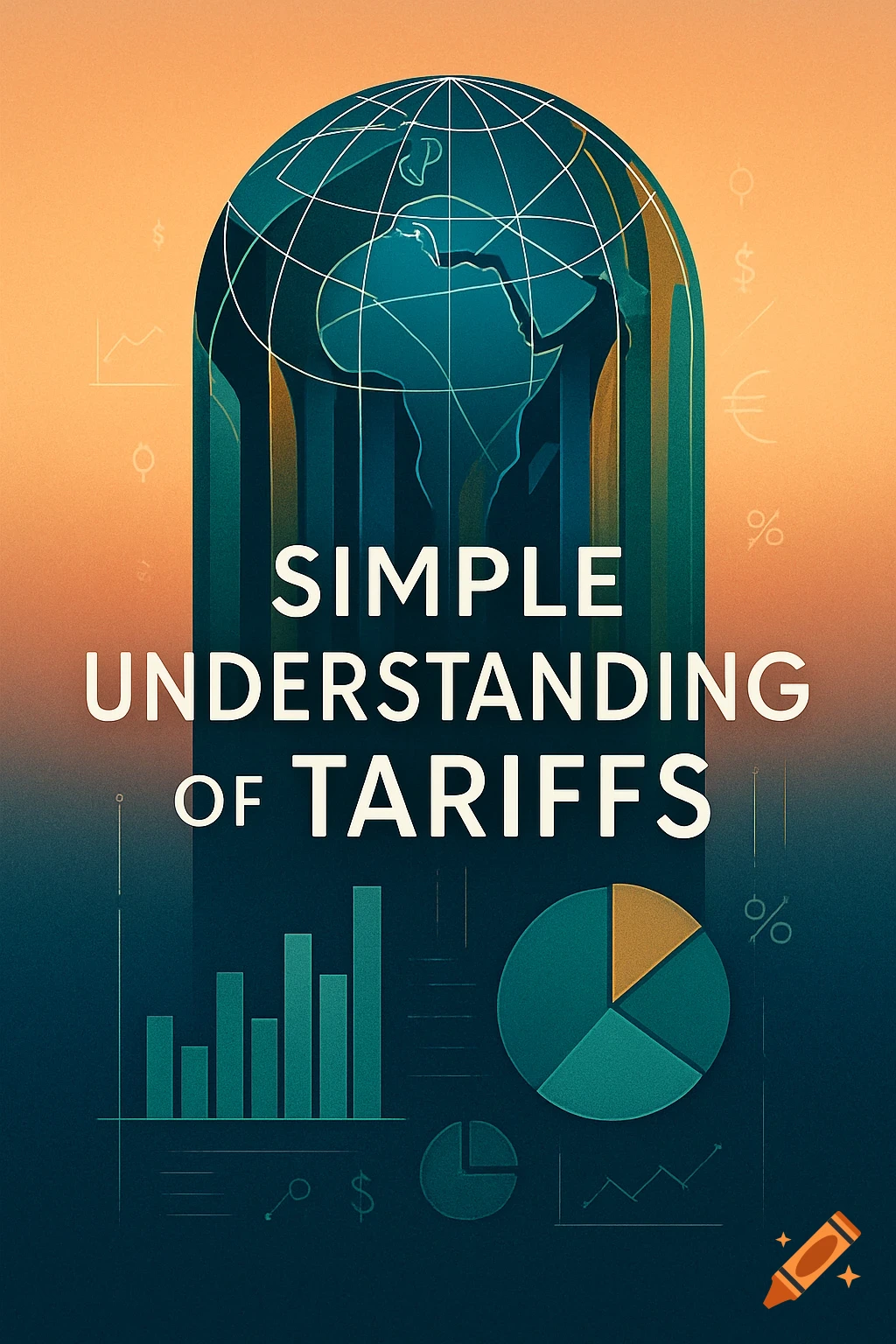 A stylized book cover illustration in teal and orange with a globe, economic charts, currency symbols, and the title 'SIMPLE UNDERSTANDING OF TARIFFS'.