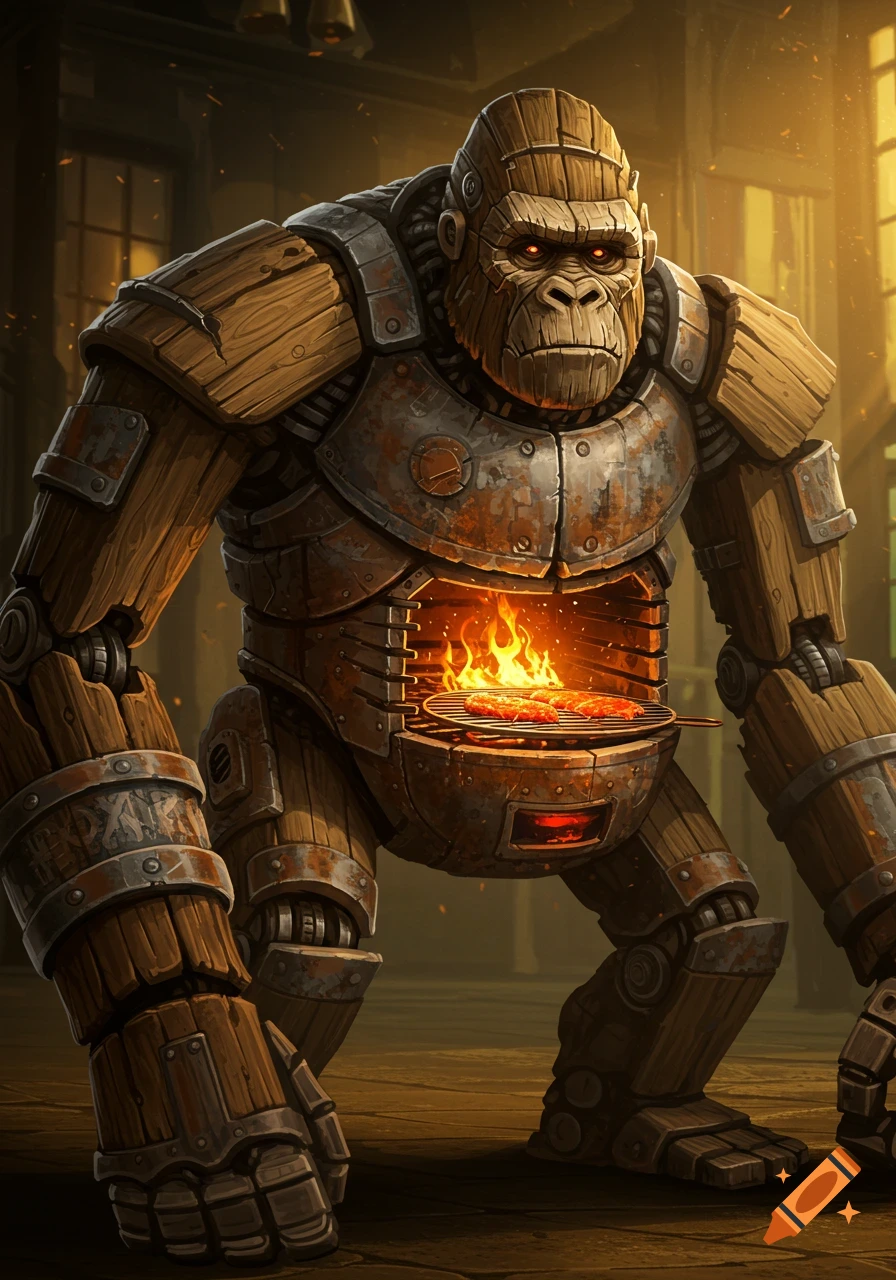 A detailed fantasy illustration of a large gorilla-like robot made of wood and rusted metal with a cooking grill in its chest, cooking steaks.