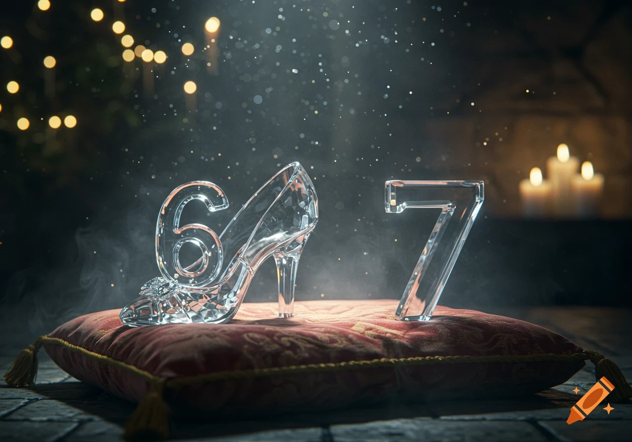 A crystal slipper shaped like the number 6 and a separate crystal number 7 rest on a red velvet pillow, with sparkling lights and candles in a dark, atmospheric background.