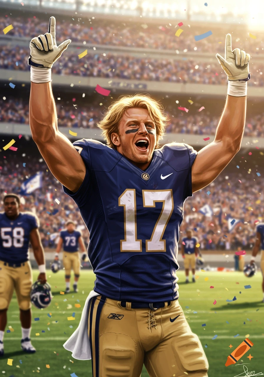 A blonde football player in a blue and gold uniform with number 17 celebrates victory on the field, raising his arms amidst falling confetti.