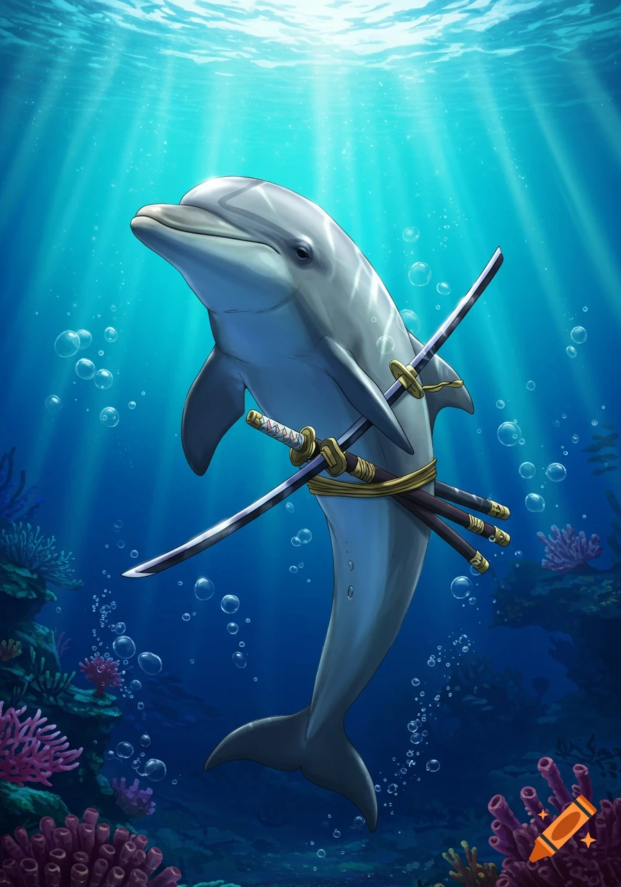 An illustrated dolphin with two katanas strapped to its back swims underwater with light rays and coral.