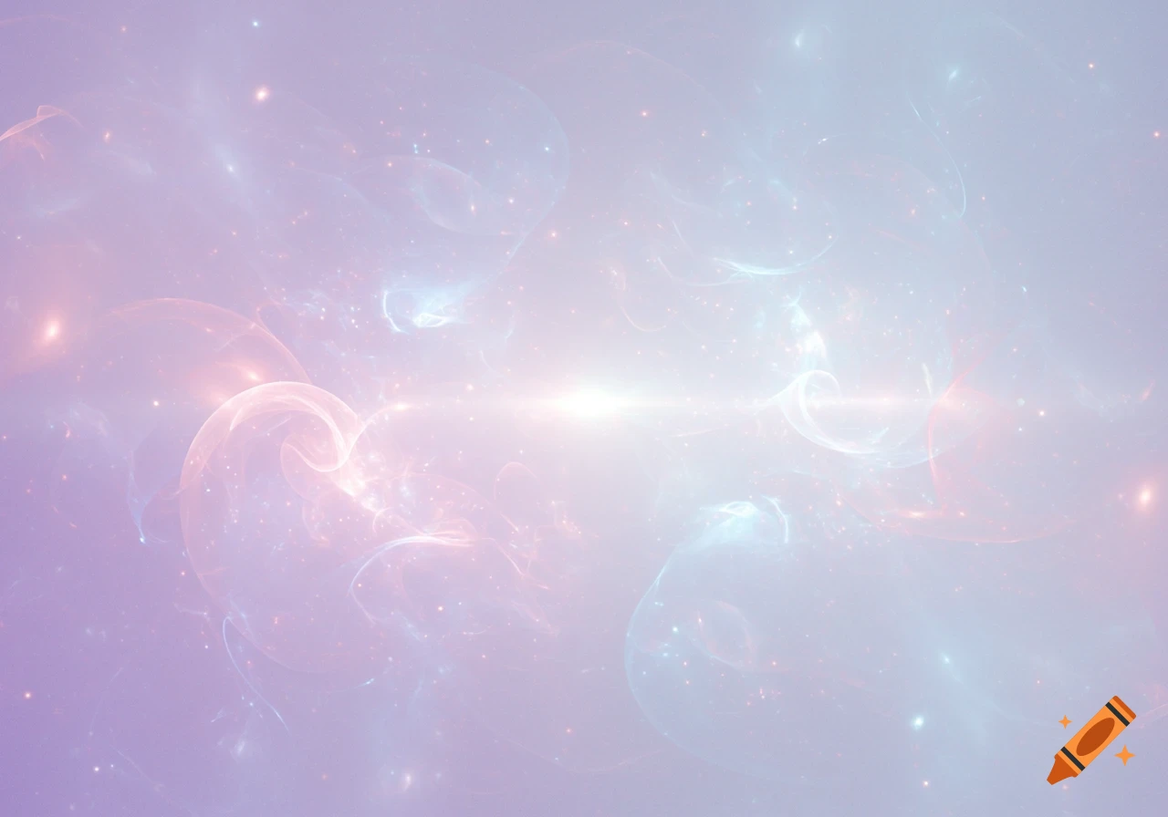 Abstract pastel background with ethereal swirls, light flares, and faint sparkles.