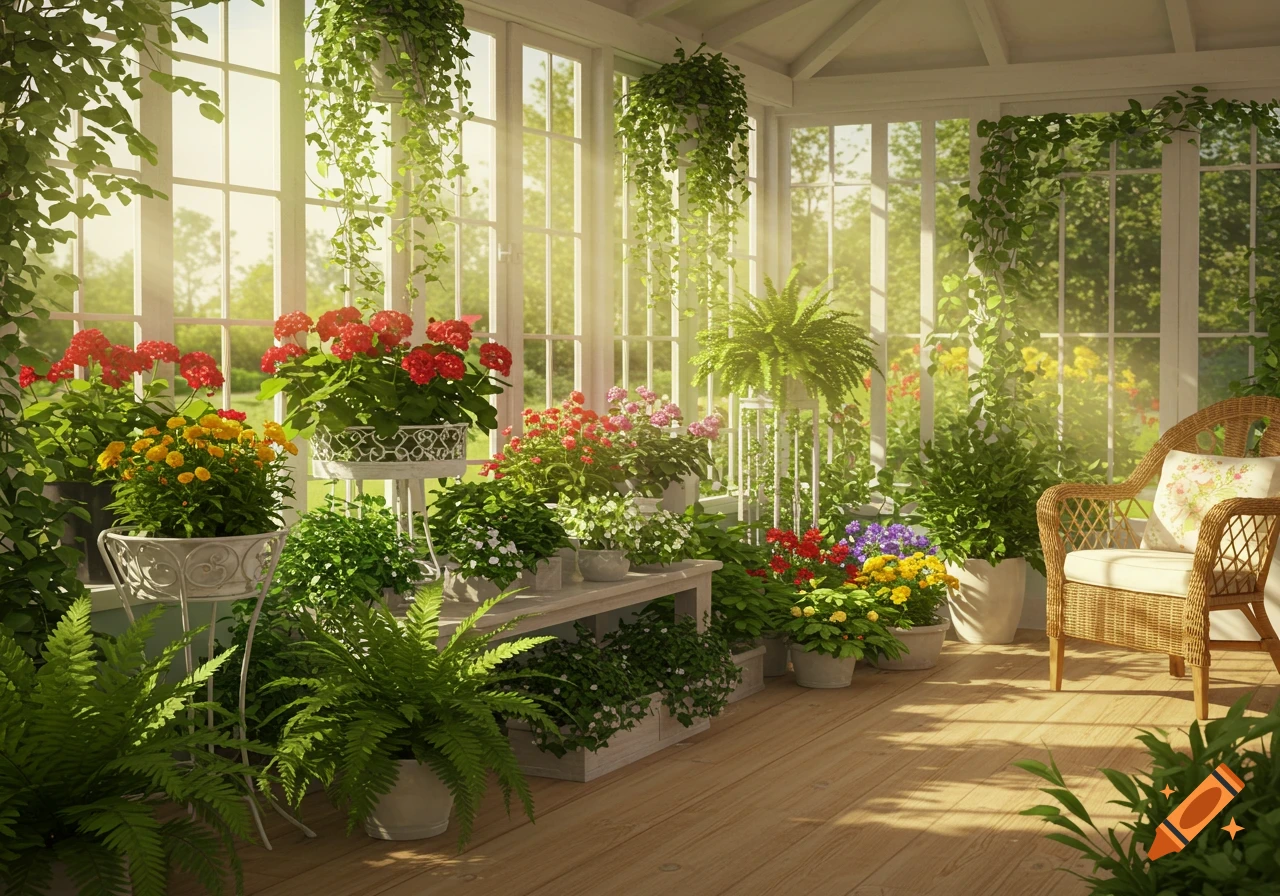 A bright, sunlit solarium filled with numerous potted plants and colorful flowers, with a wicker chair on a wooden floor.