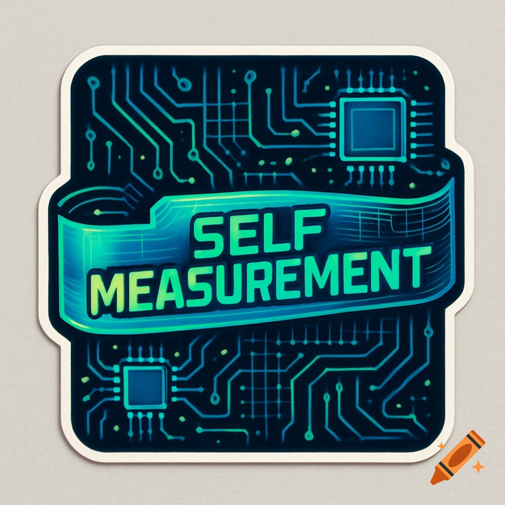 A glowing blue and green cyberpunk sticker design with circuit board patterns and microchips, featuring the text 'SELF MEASUREMENT' on a central banner.