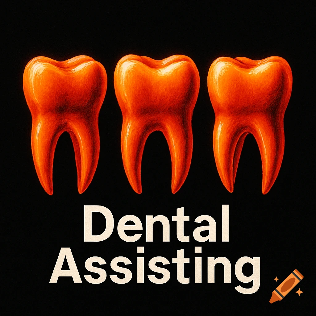 Three stylized orange molar teeth over text 'Dental Assisting' on a black background.
