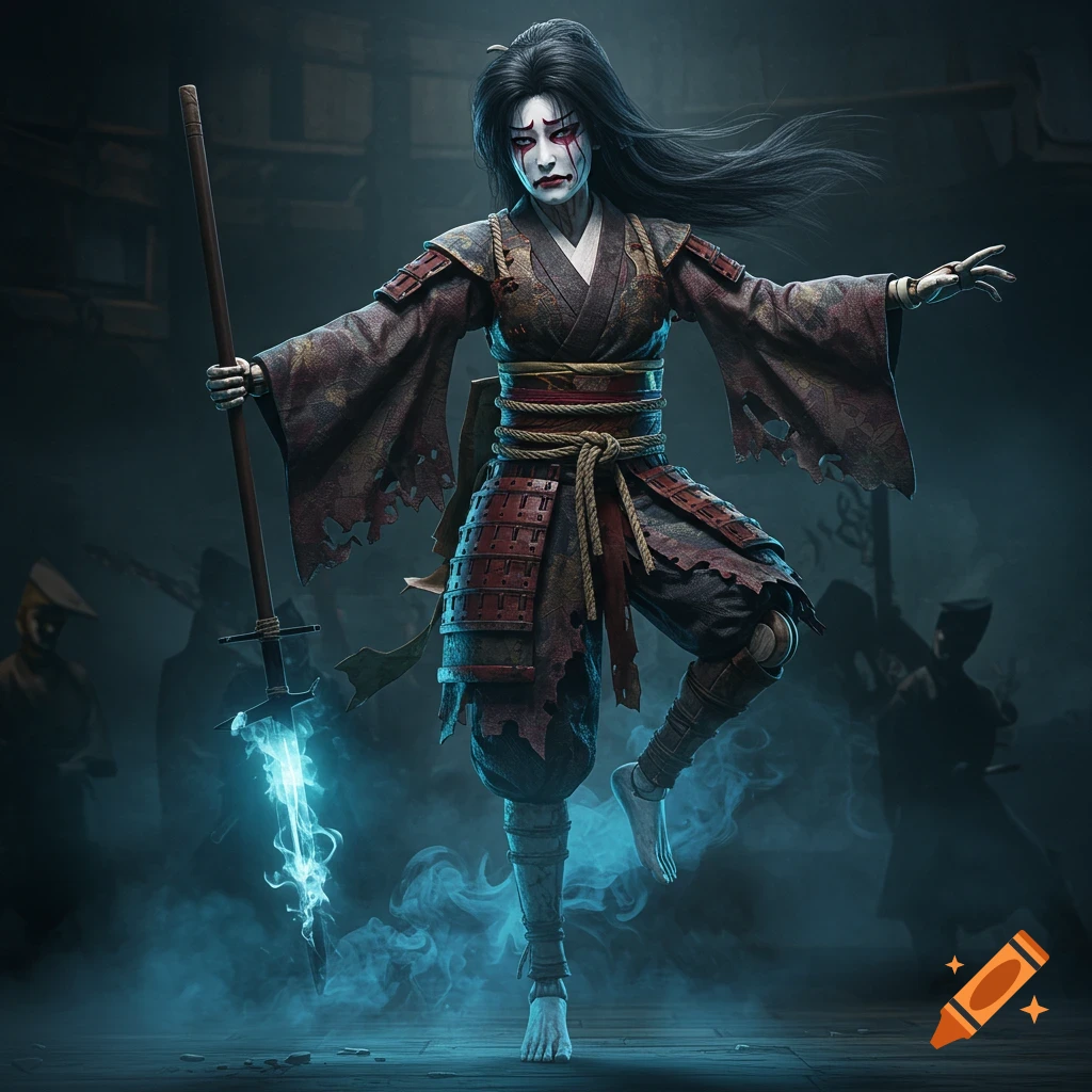 A ghostly female samurai puppet, with pale skin, dark makeup, and a tattered kimono, holds a glowing shattered naginata on a misty theater stage.