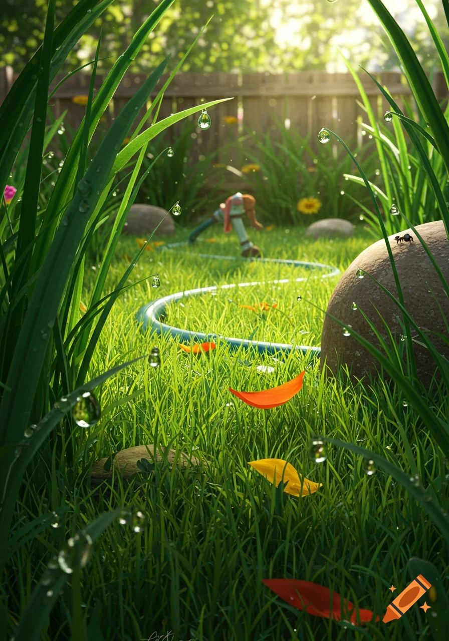 A macro view of a sunny green backyard with dewdrops on grass blades, an ant on a rock, and a garden hose in the background.