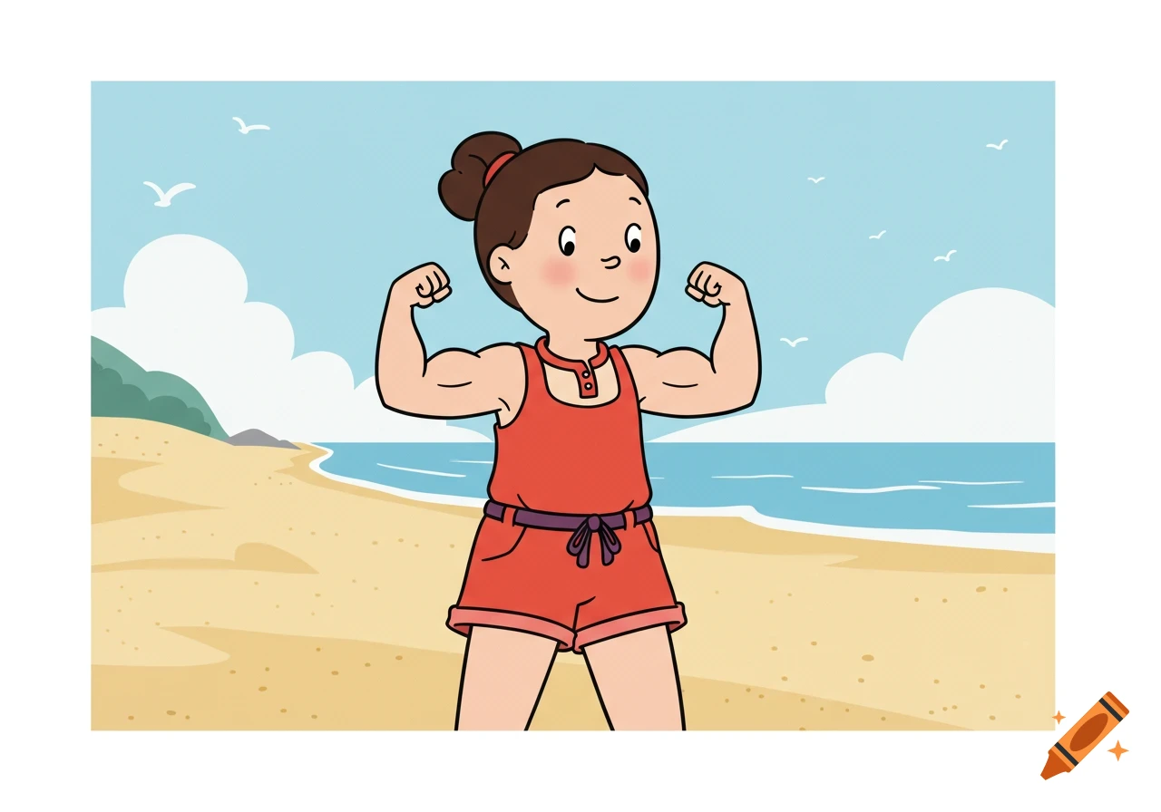 Cartoon of a young girl in a red outfit flexing her biceps on a sandy beach with the ocean in the background.