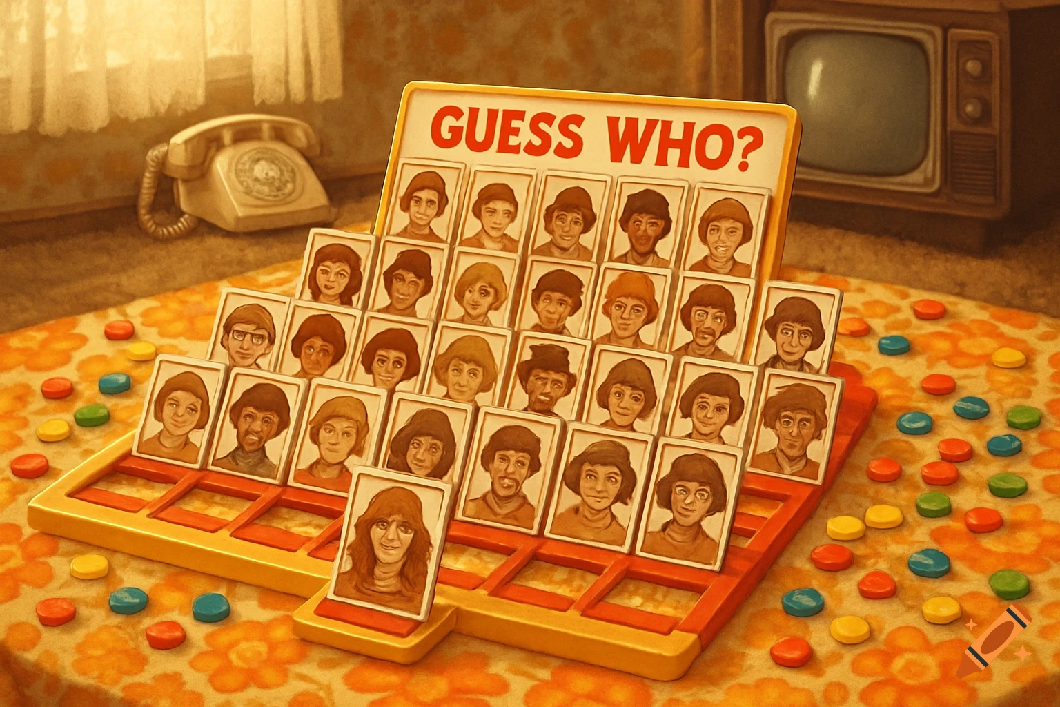 A vintage Guess Who? board game with character cards, an old rotary phone, and a retro television in a warmly lit room.