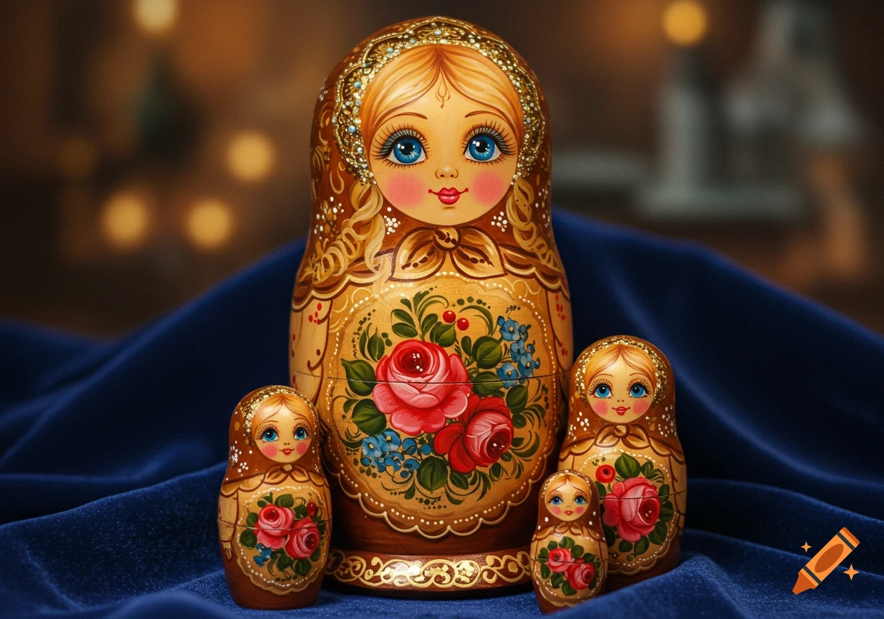 Five elaborately painted Russian nesting dolls with blond hair and blue eyes, adorned with roses, standing on a dark blue fabric.