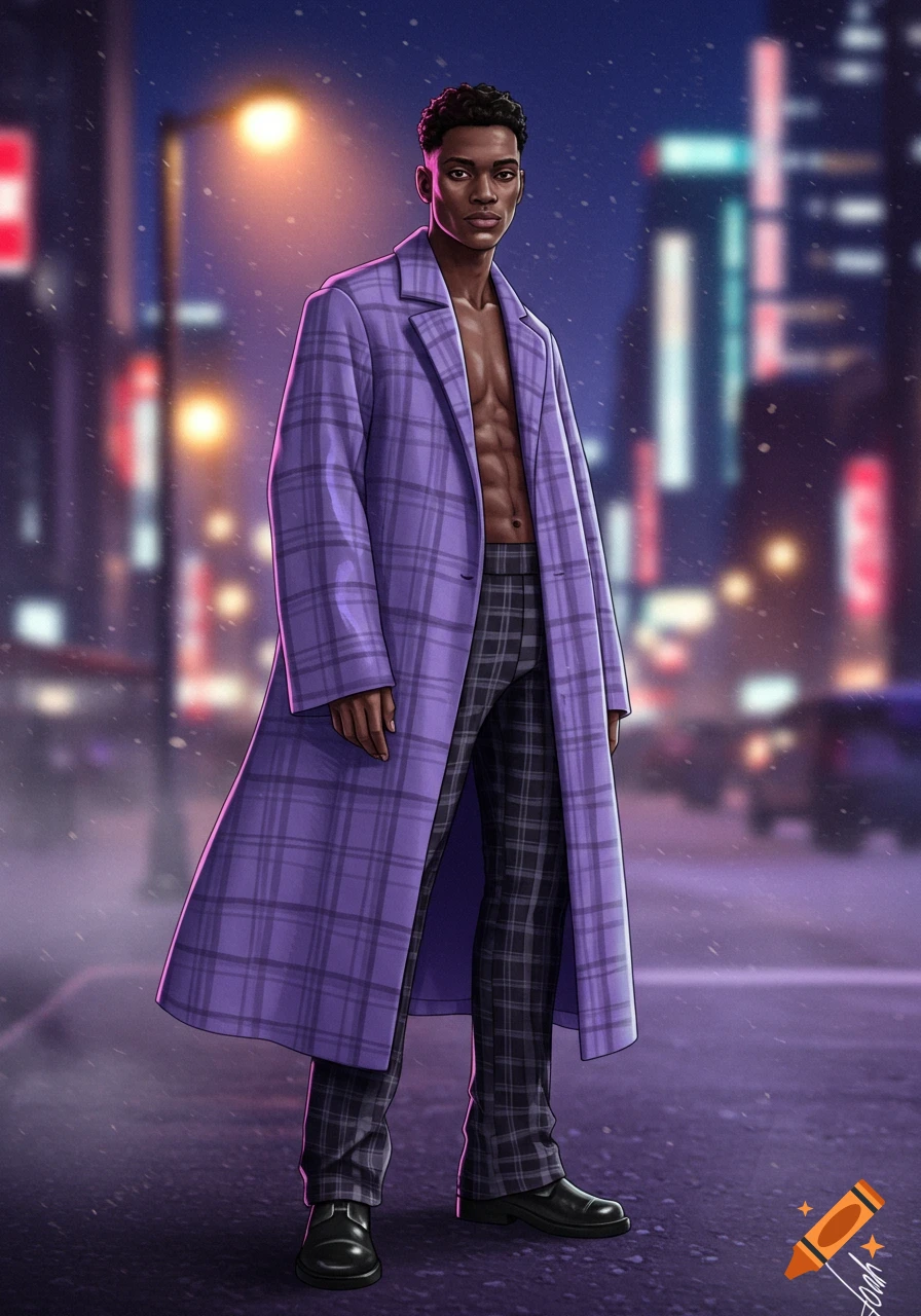An illustration of a man in a lavender plaid coat and plaid pants standing on a city street at night.