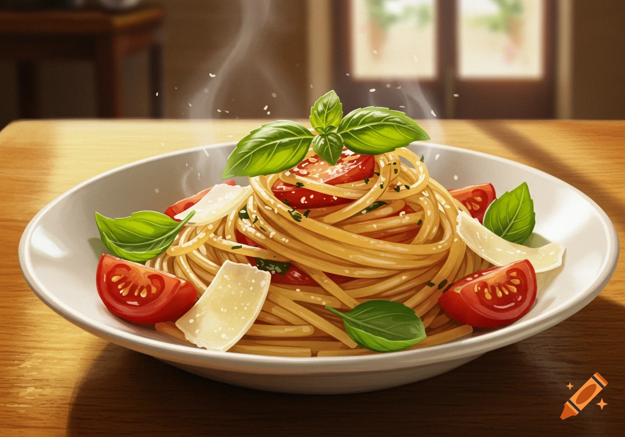 A steamy plate of spaghetti with tomato slices, basil, and parmesan cheese.