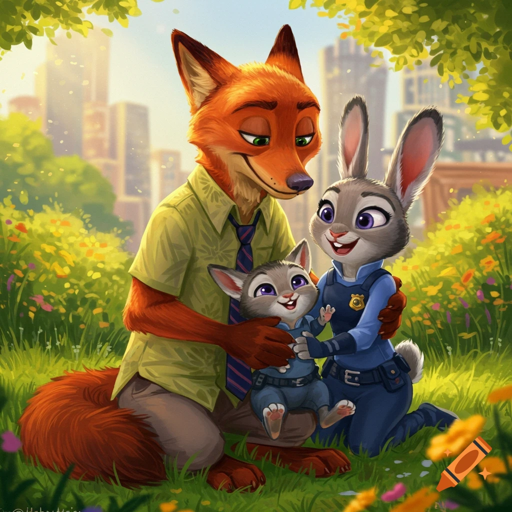 Nick Wilde and Judy Hopps with a young hybrid child, sitting in a flower field with a city backdrop, in an animated style.
