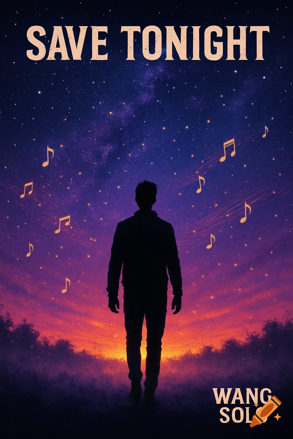 Silhouette of a person standing under a starry night sky with musical notes. Text: SAVE TONIGHT, WANG SOLO.