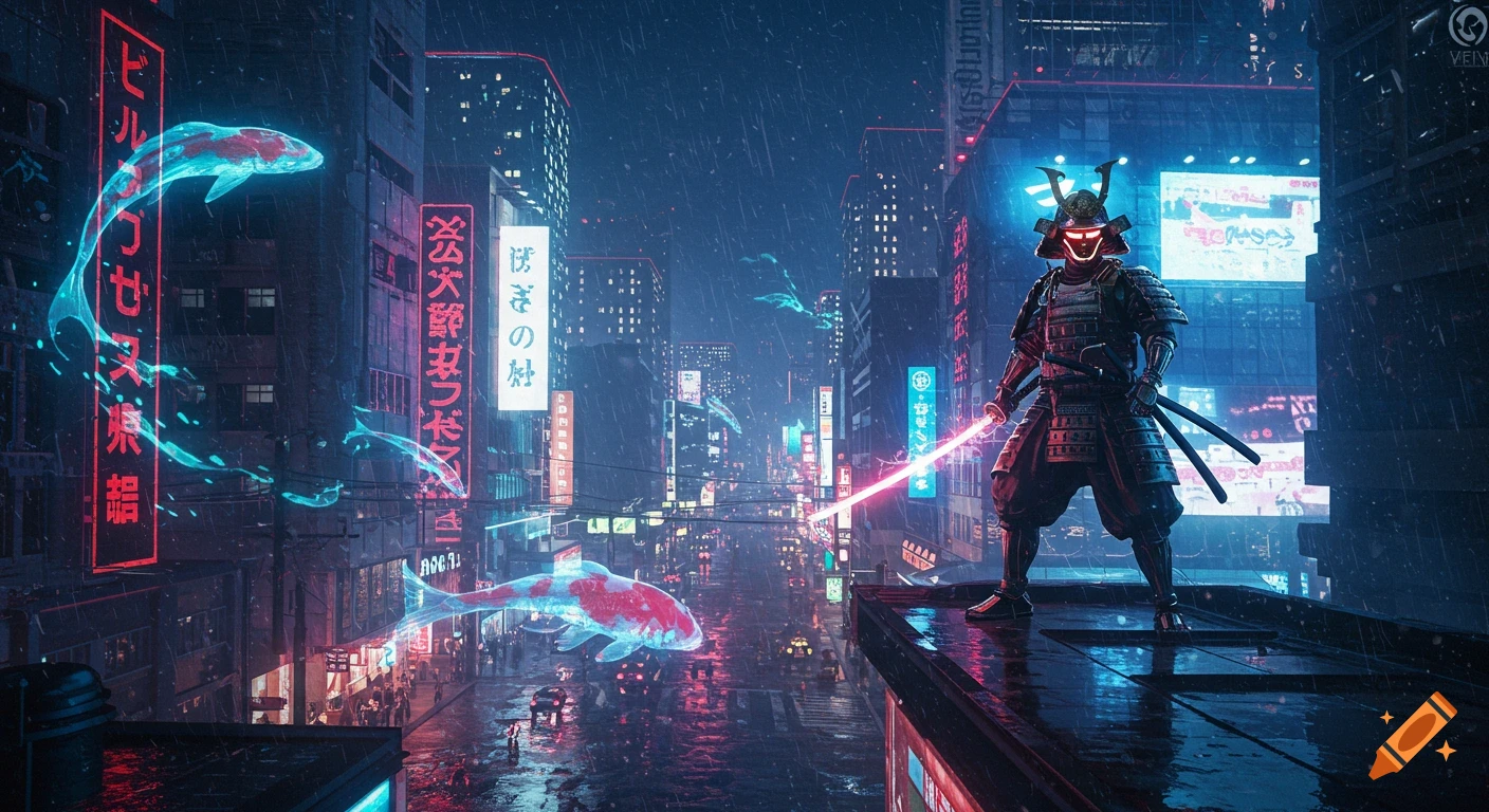 A cyberpunk samurai stands on a rainy Tokyo rooftop, holding a glowing plasma katana. Neon signs and bioluminescent koi fish illuminate the futuristic city street below.