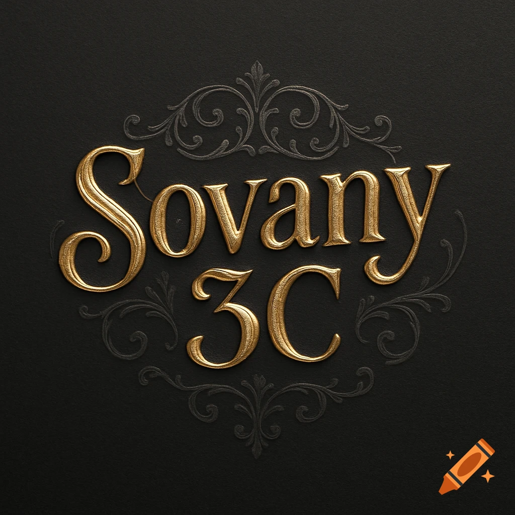 A gold embossed logo with the text "Sovany 3C" in fancy script, set against a dark textured background with subtle filigree patterns.