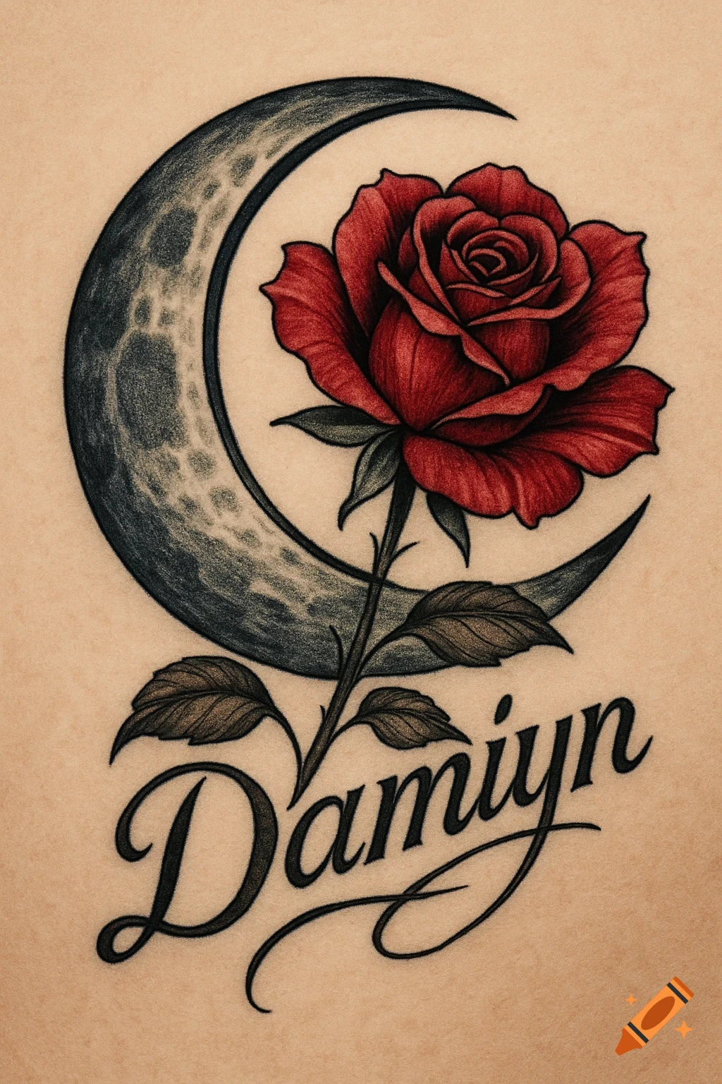 A tattoo design featuring a vibrant red rose and green leaves, set against a dark grey crescent moon, with the name "Damiyn" scripted below.