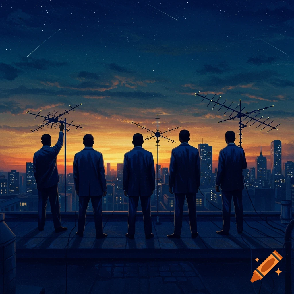 Five men in suits stand on a rooftop at dusk, looking out over a city skyline, holding up TV antennas.