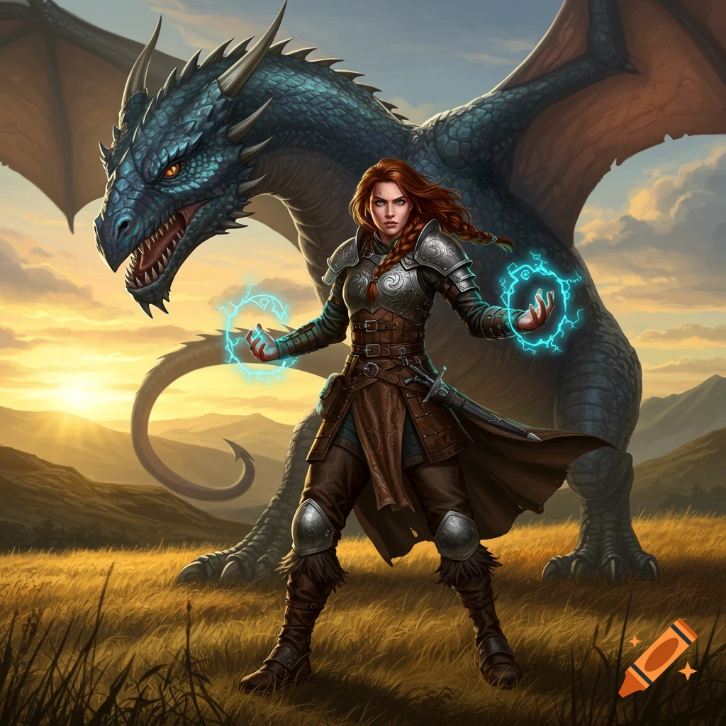 A female warrior with a long braid and armor wields magic as a large blue dragon stands behind her in a grassy field at sunset.
