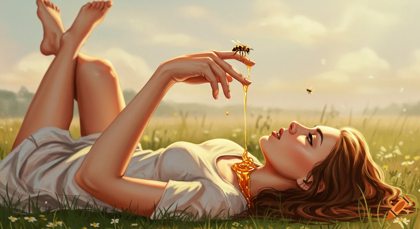 An illustrated woman with brown hair lies in a grassy field, holding up a hand with honey dripping from it and a bee on her finger. Another bee flies nearby. The scene is bathed in warm, golden light.