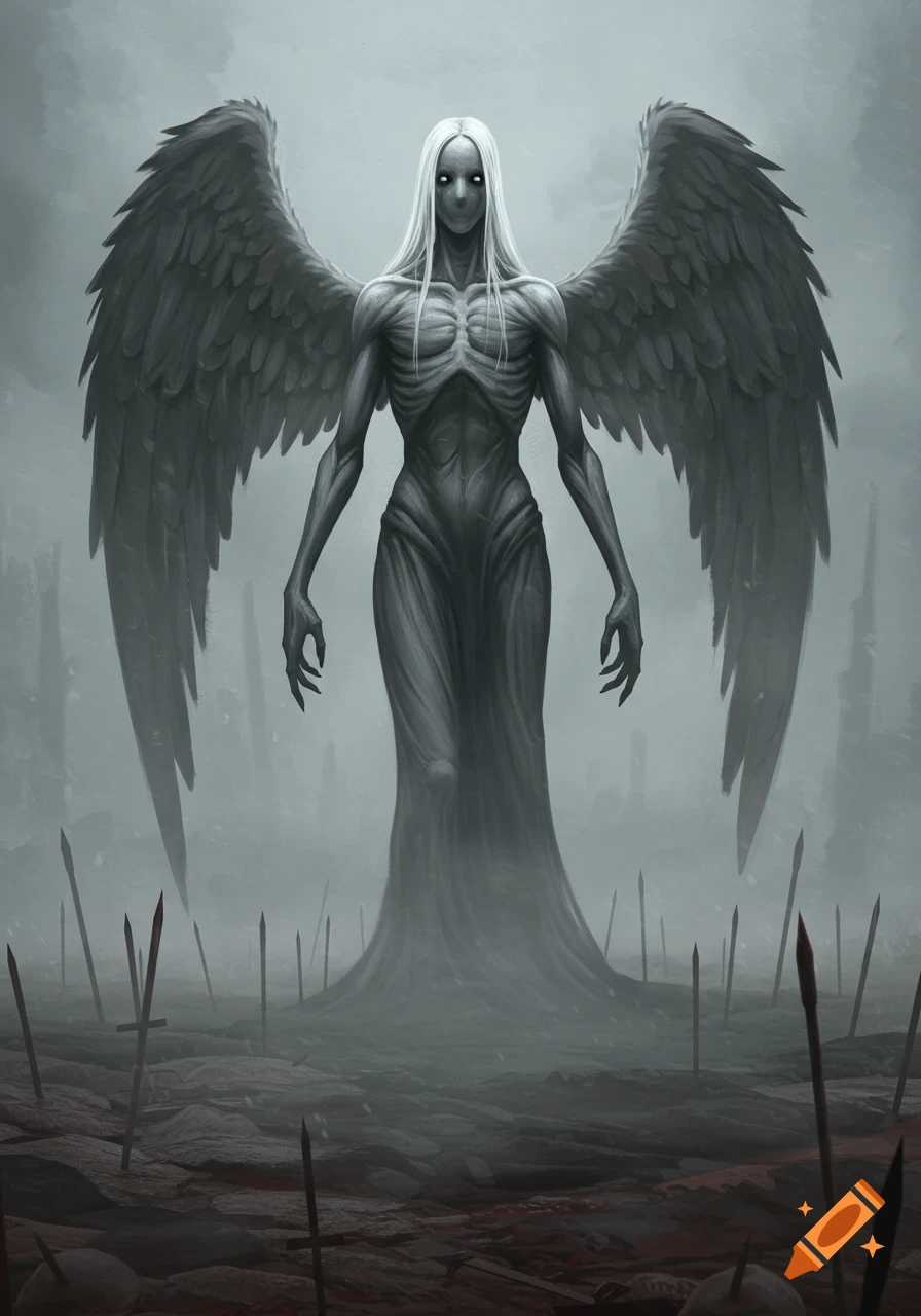 A gaunt, pale angelic creature with large wings and long white hair stands in a foggy, desolate battlefield with impaled swords.