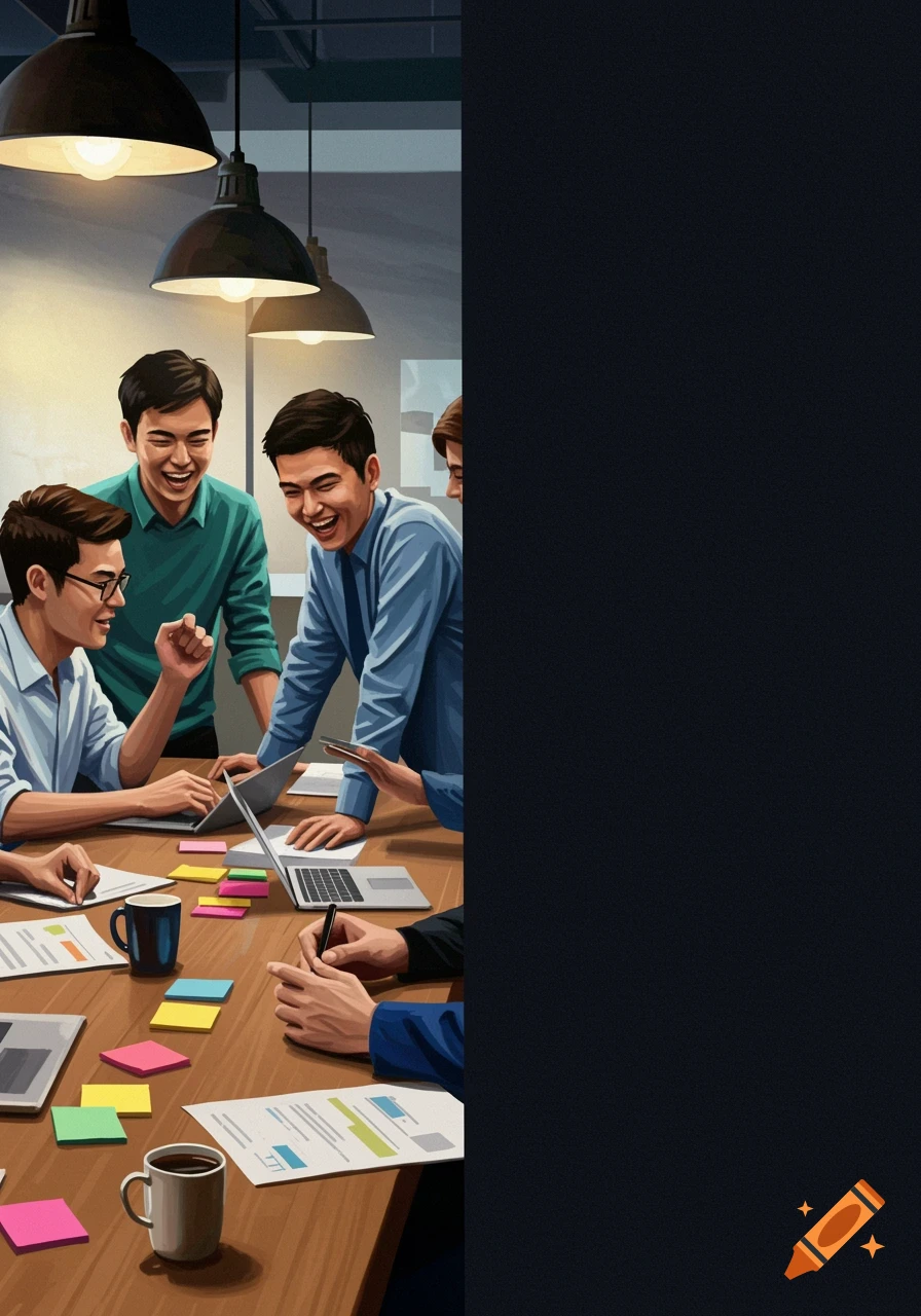 Stylized illustration of Asian men collaborating at a desk in an office, with laptops and documents.