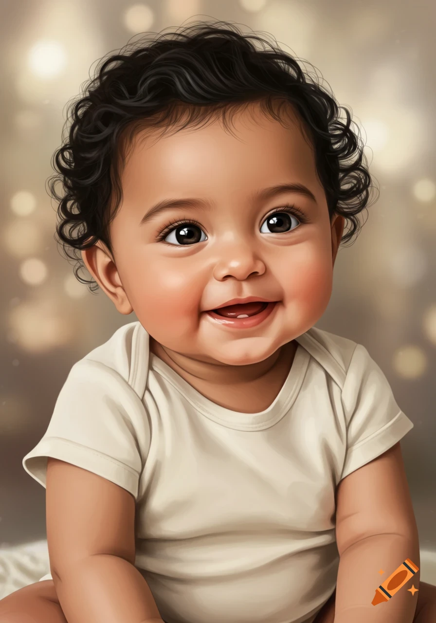 A photorealistic digital portrait of a smiling baby with dark curly hair and brown eyes, wearing a cream onesie against a softly lit background.