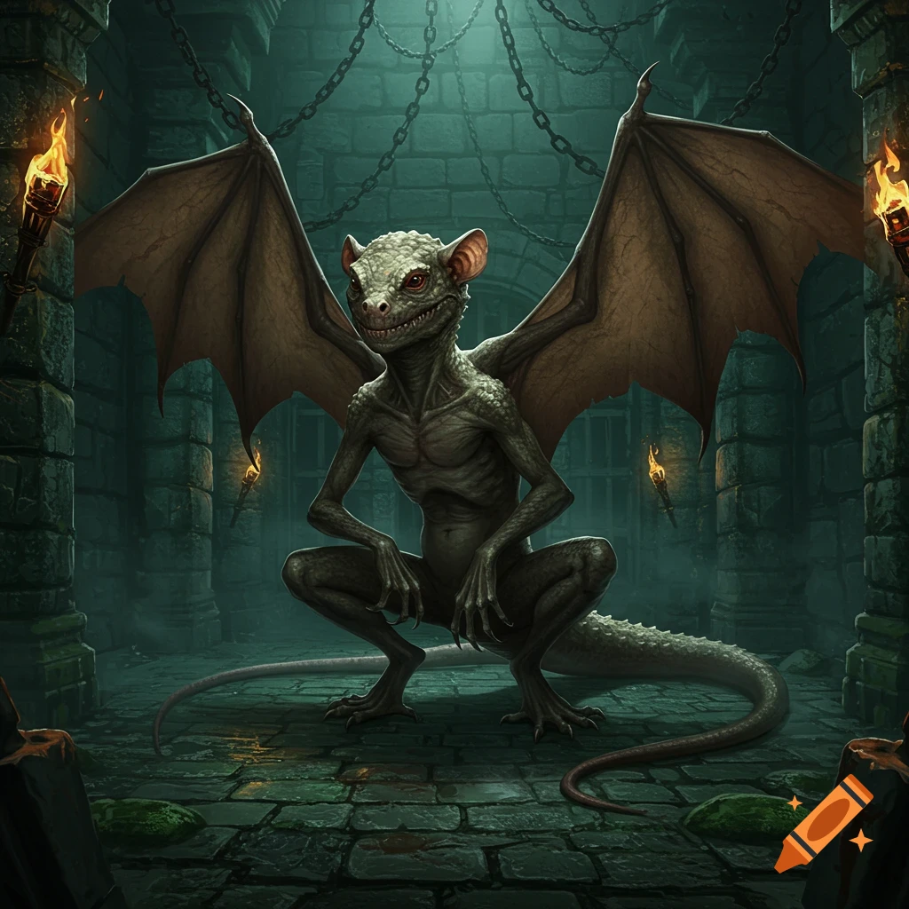 A green, gecko-like monster with bat wings and a rat tail squats in a dark stone dungeon lit by torches. Digital art.