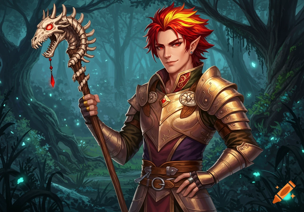 An anime-style fantasy character with fiery red and yellow hair, wearing golden armor, holding a dragon bone staff in a mystical forest.