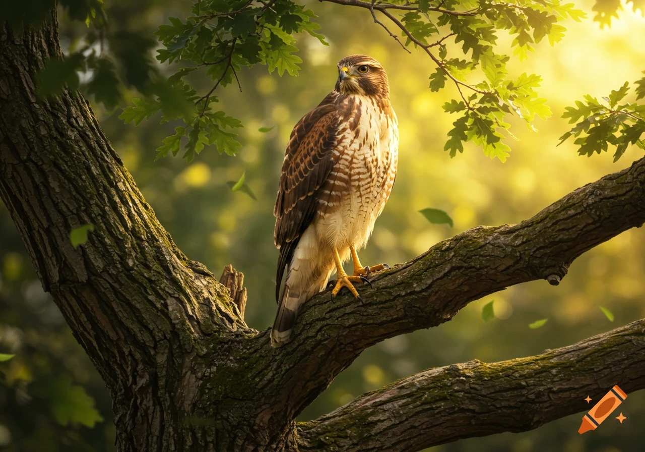 A brown and white hawk perches on a tree branch with golden sunlight filtering through green leaves in the background.
