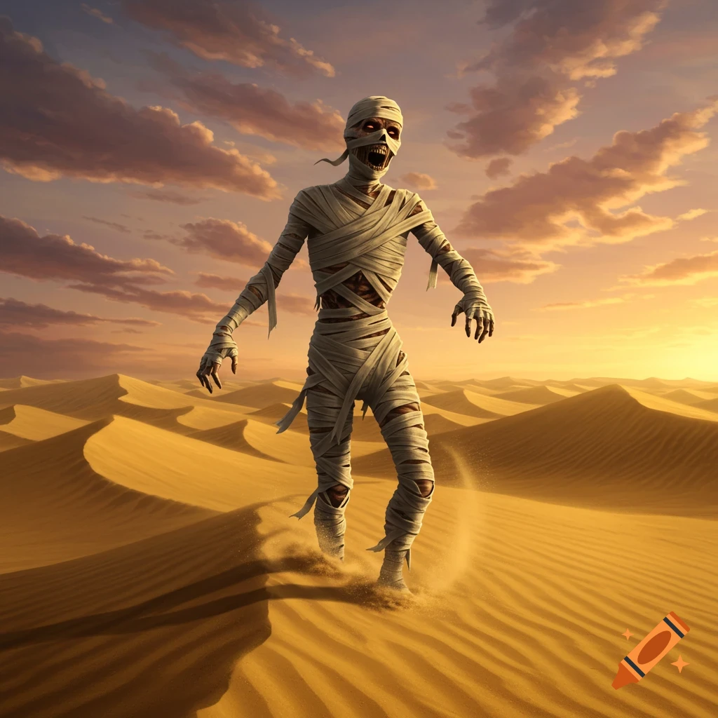 A mummified figure with glowing eyes stands in a vast desert landscape with sand dunes under a dramatic sunset sky.