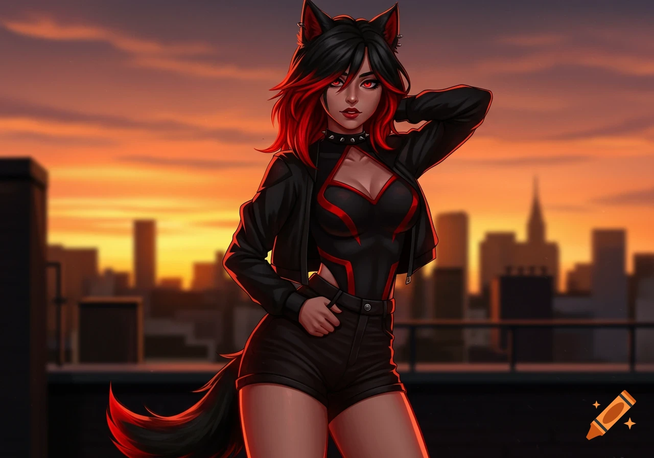 Anime-style female character with wolf features and black hair with red highlights, wearing a black crop jacket and shorts, on a rooftop at sunset.
