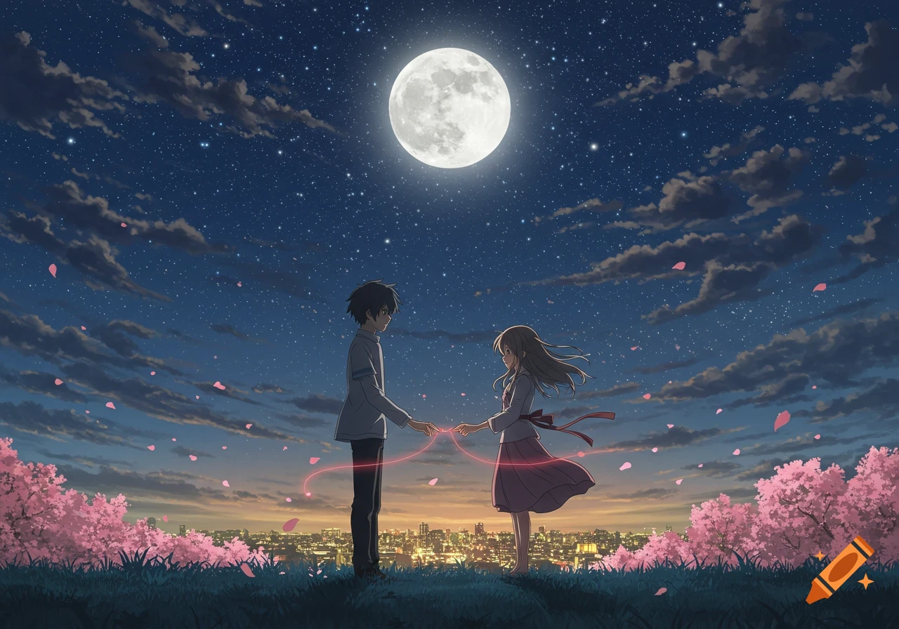 Anime illustration of a man and woman connected by a glowing red thread under a full moon and starry sky, with cherry blossoms and city lights.