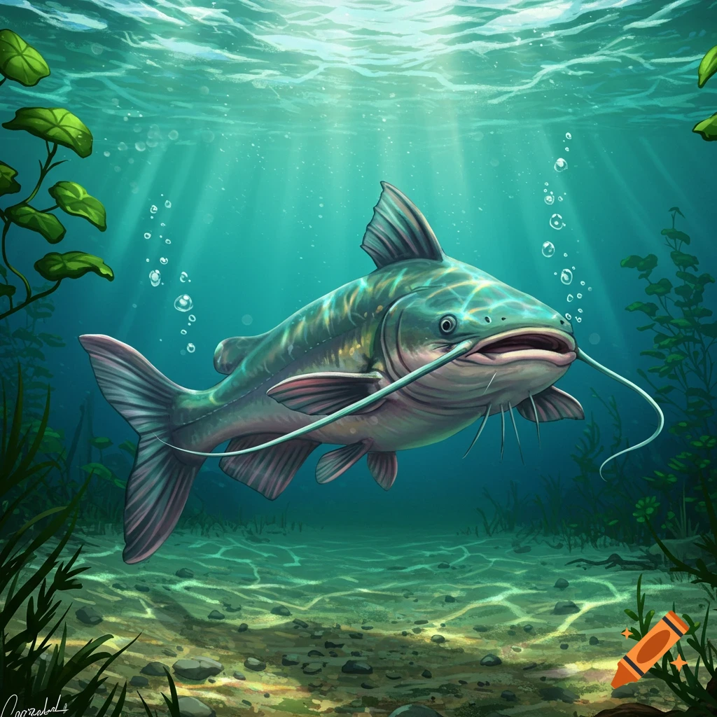 An illustration of a catfish swimming underwater, with light rays filtering through the water surface and aquatic plants.