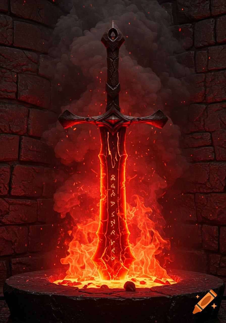 A vibrant red flaming sword plunged into a pool of glowing molten metal, set against a dark, brick-walled backdrop.