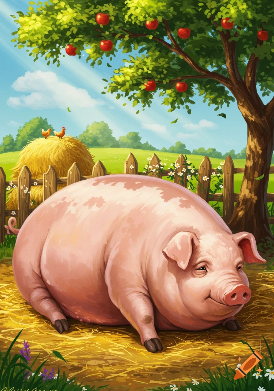 A large pink pig rests on hay in a lush green farm field under an apple tree, with a wooden fence and chickens in the background, in a cartoon style.