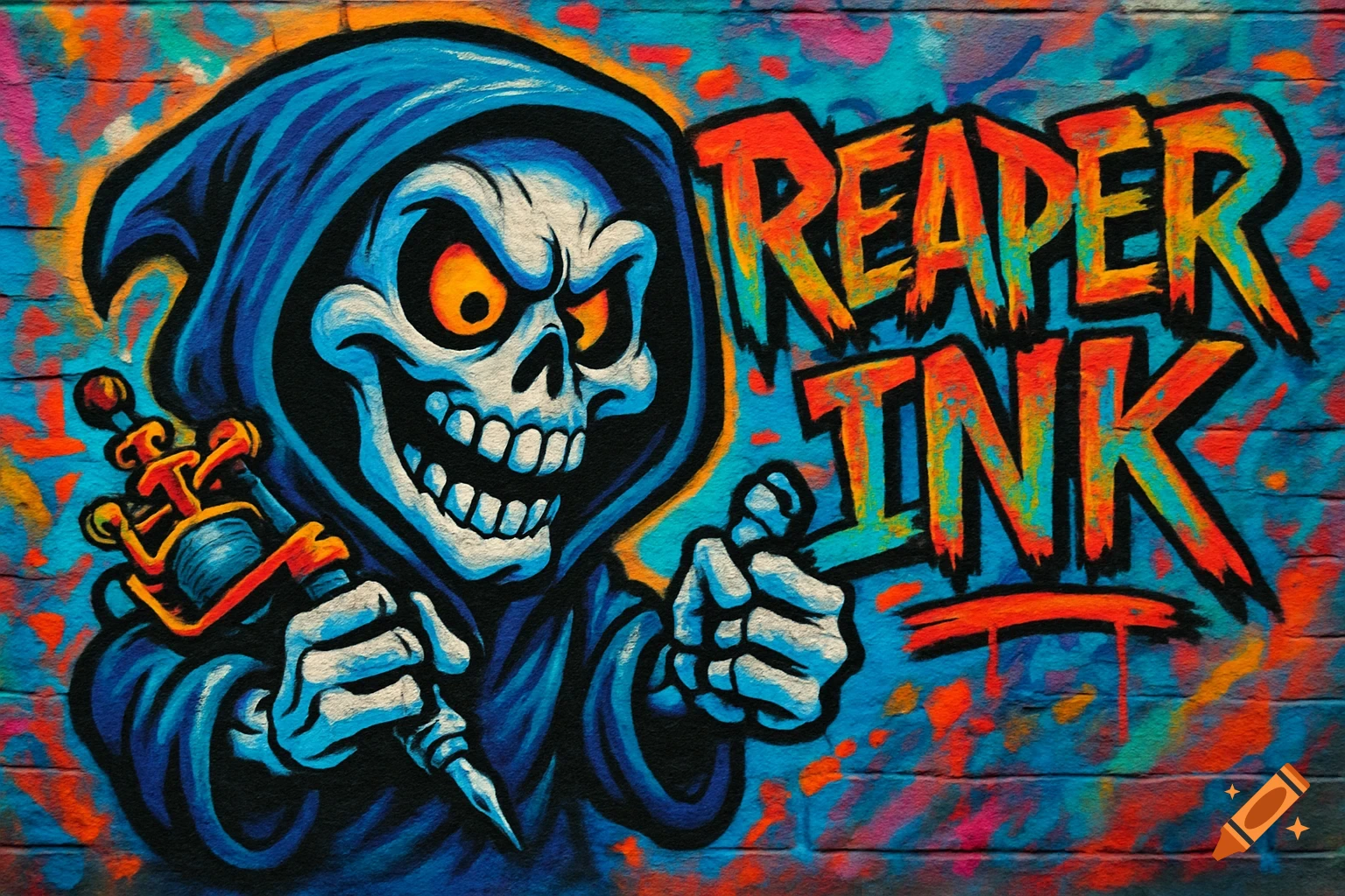 A colorful graffiti cartoon of a grim reaper holding a tattoo machine with 'REAPER INK' written next to it on a brick wall.