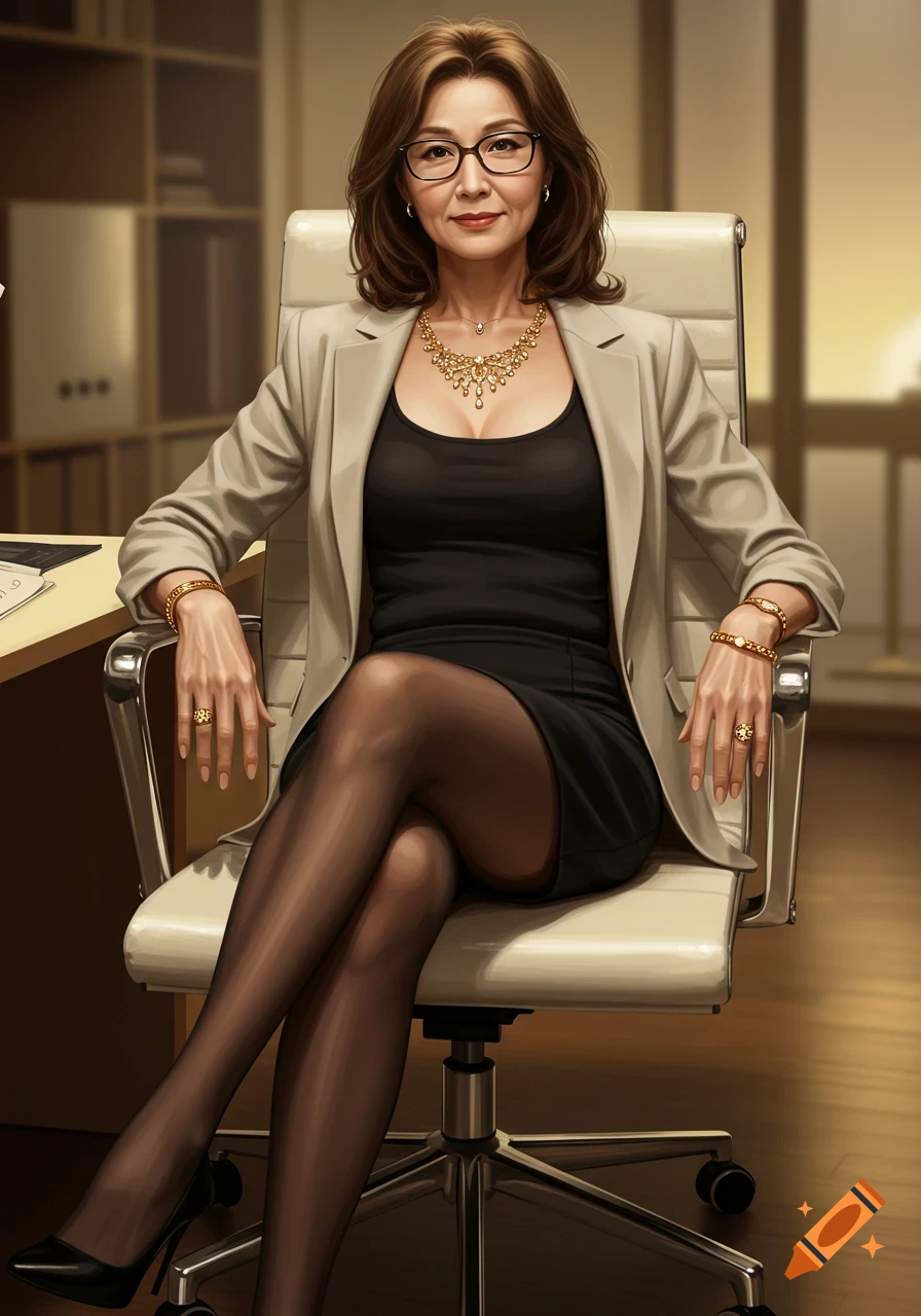 Illustration of a woman in glasses, a blazer, and a short black dress with pantyhose, sitting in an office chair.