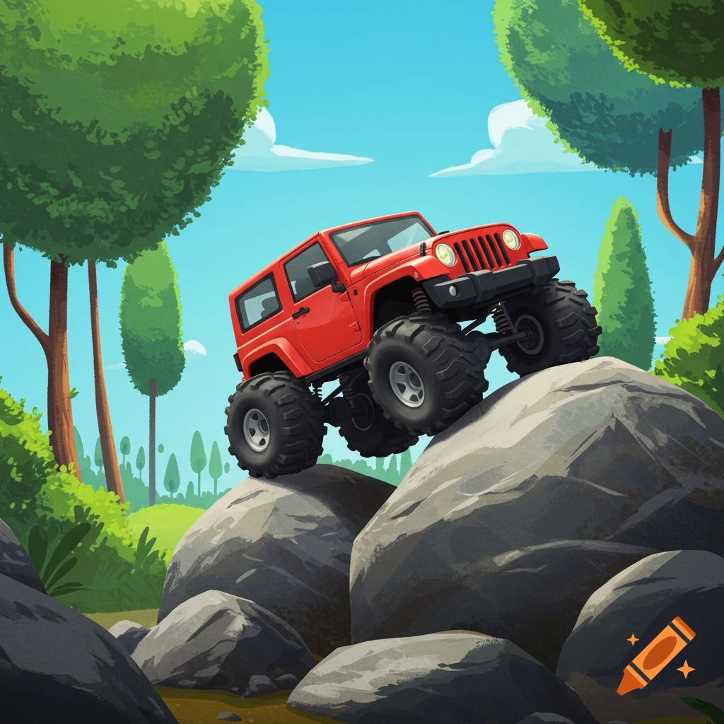 A cartoonish red off-road vehicle with large tires climbs over large grey rocks in a green, tree-filled landscape under a blue sky.