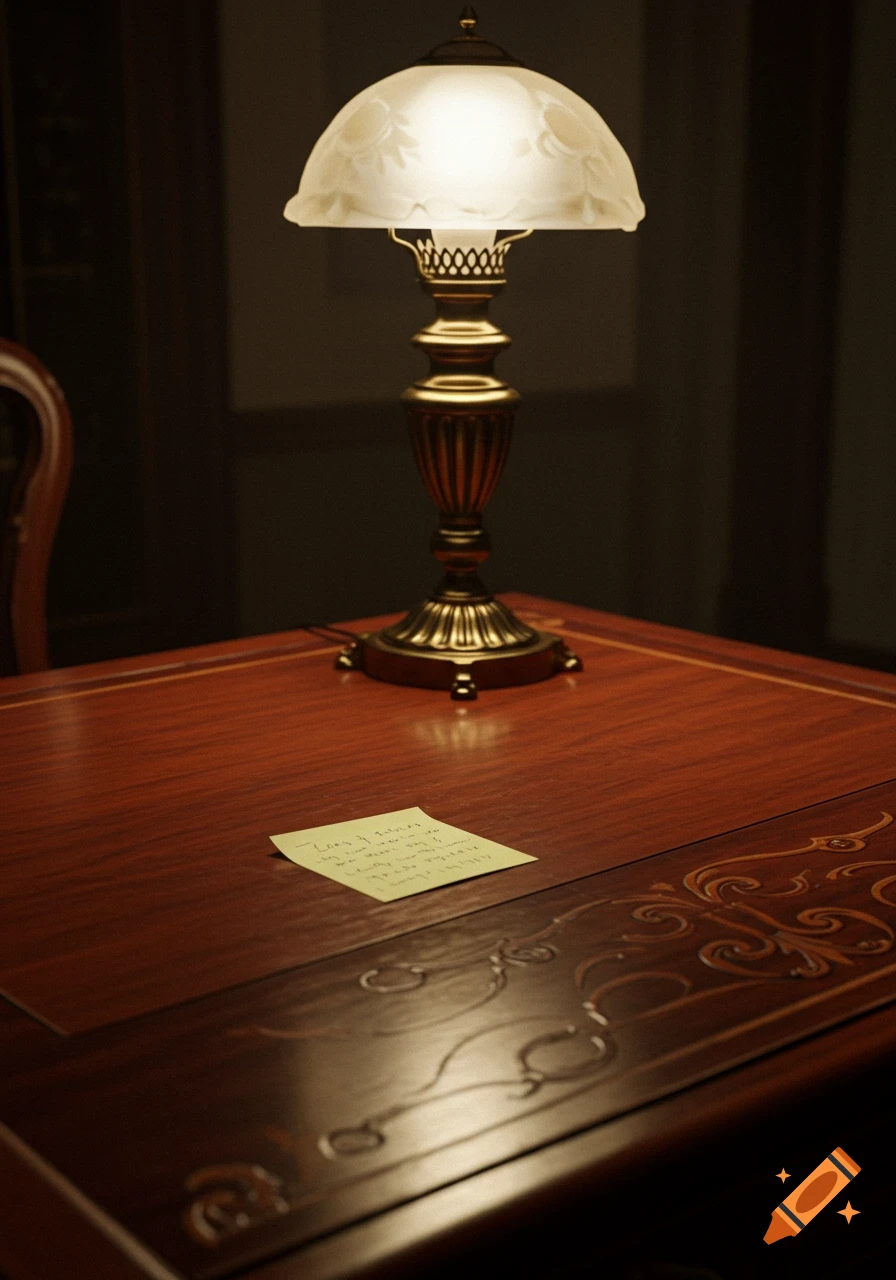 An ornate wooden desk with an antique brass lamp and a yellow post-it note, lit by warm light.