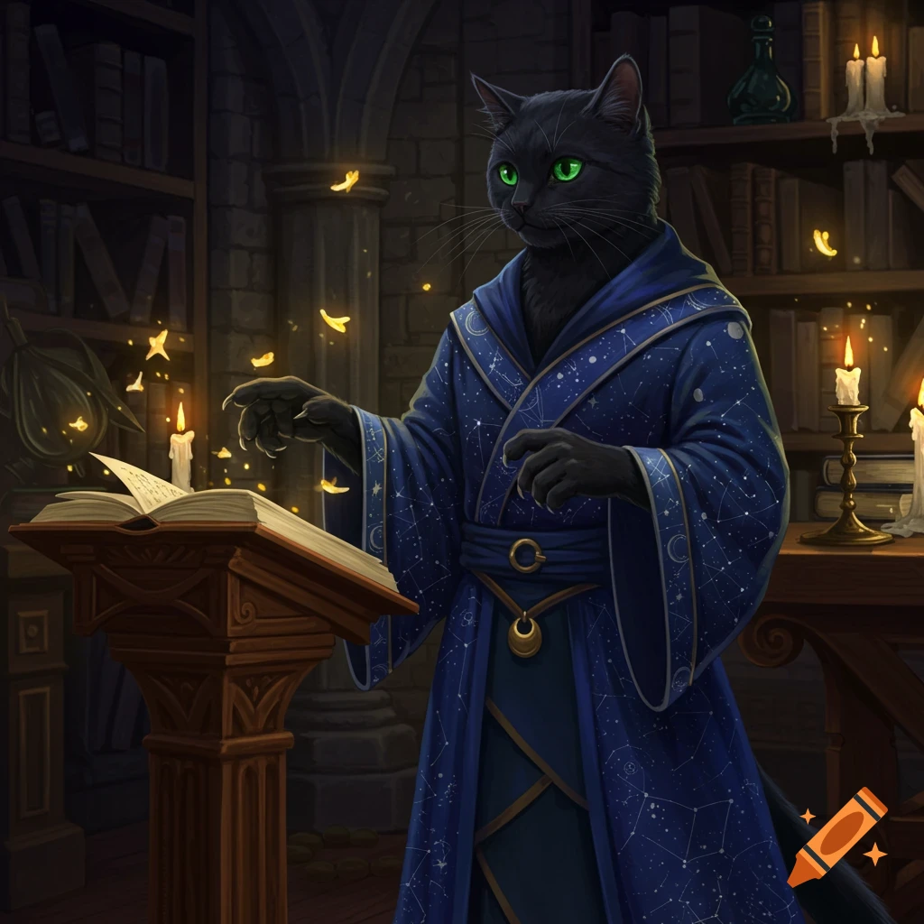 A black cat in a blue wizard's robe stands at a wooden lectern in a dimly lit library, surrounded by glowing magical particles.