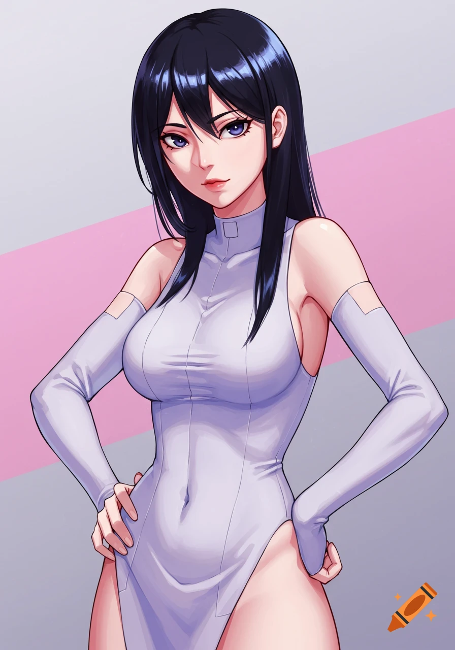 Anime-style woman with long black hair, purple eyes, wearing a white high-necked dress with long sleeves and high leg slits, posing.