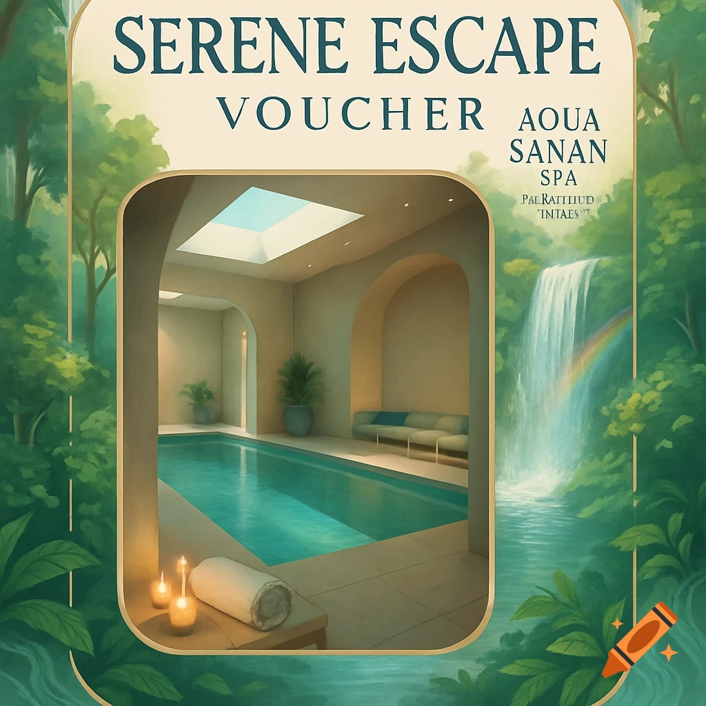 A spa voucher with an indoor swimming pool and a lush green forest with a waterfall and rainbow.
