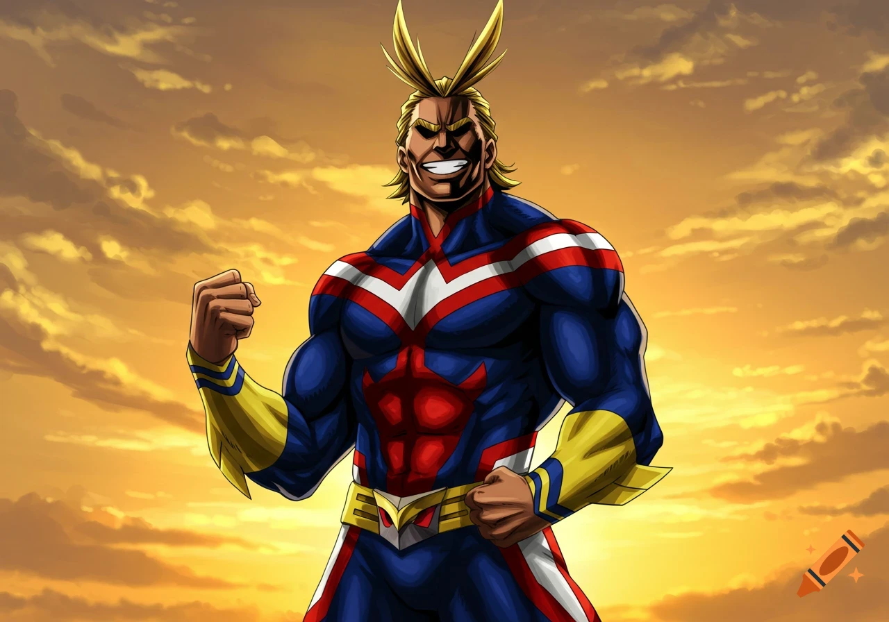 All Might, a muscular anime superhero from My Hero Academia, smiles confidently, flexing his arm against an orange sky.