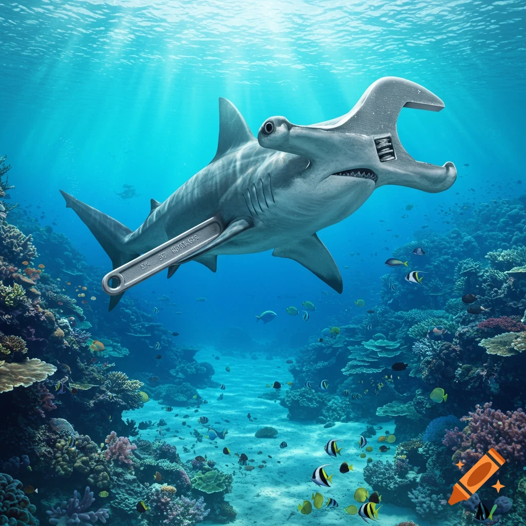 A surreal hammerhead shark with its head replaced by an adjustable wrench swims in a coral reef, holding another wrench.