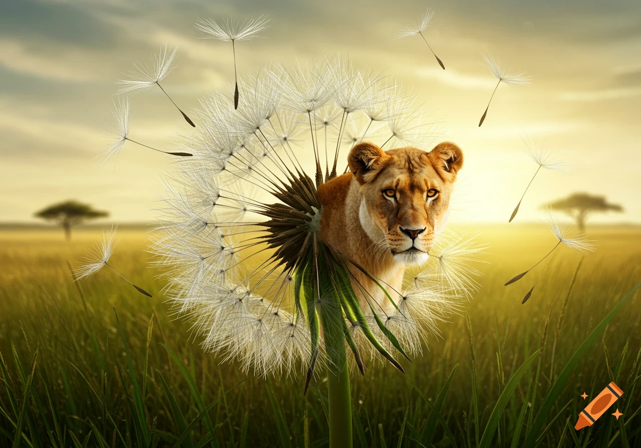 A photorealistic image of a lioness emerging from the center of a dandelion in a grassy field with a sunset sky.