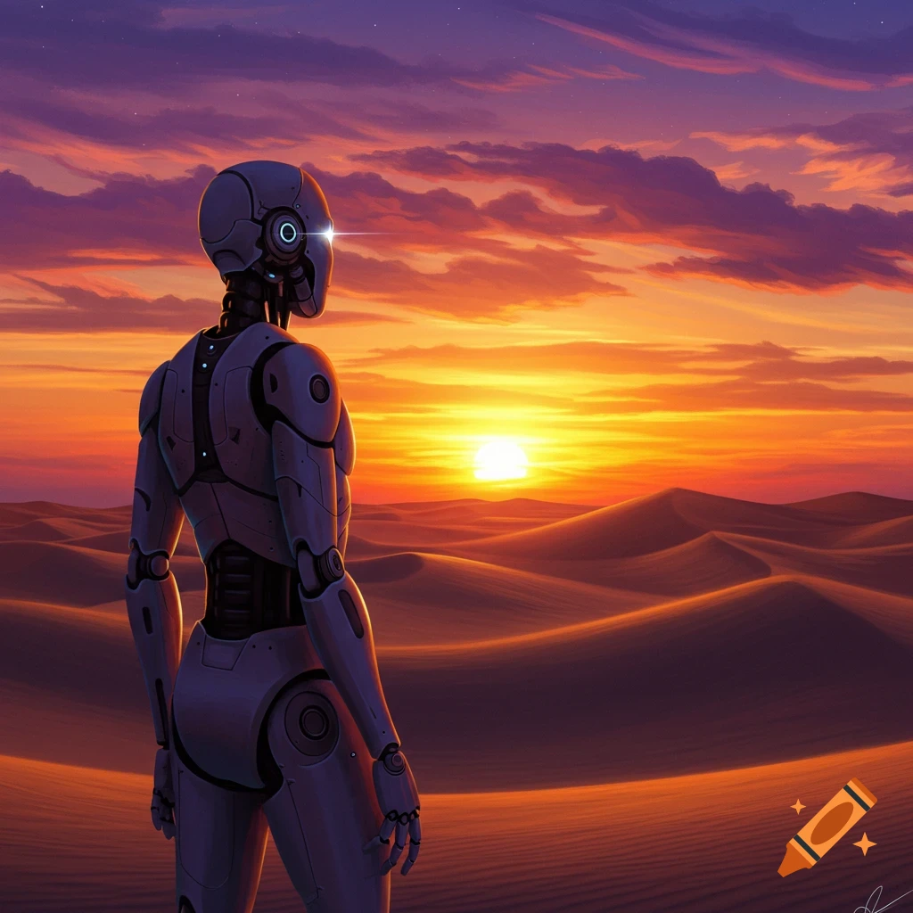 A stylized robot stands in a desert, gazing at a vibrant orange and purple sunset over sand dunes.